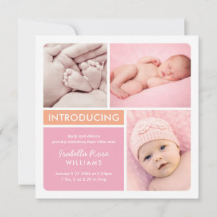 Modern Pink Coral Colour Block Baby Girl Birth Announcement