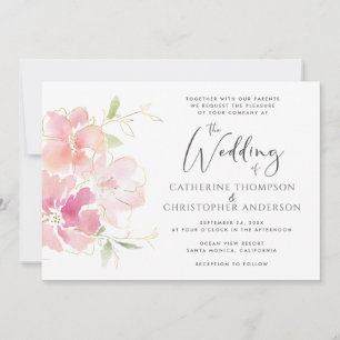 Modern Pink Coral Gold Floral Watercolor Wedding Invitation
