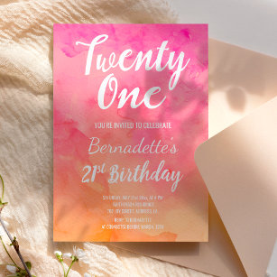 Modern pink coral watercolor ombre 21st Birthday Invitation