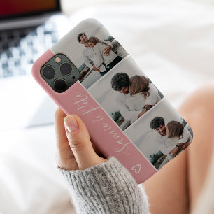 Modern pink couple names 3 photos collage grid iPhone 13 case