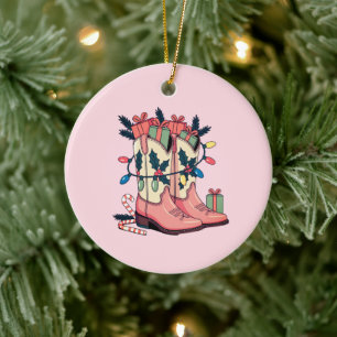 Modern Pink Cowgirl Western Boots Christmas Ceramic Tree Decoration
