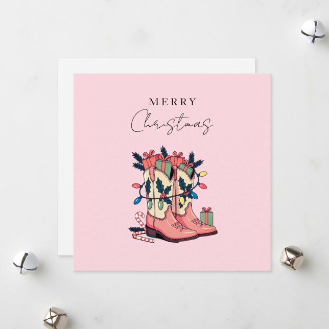 Modern Pink Cowgirl Western Boots Christmas Holiday Card (Front/Back In Situ)