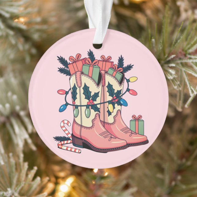 Modern Pink Cowgirl Western Boots Christmas Ornament (Tree)