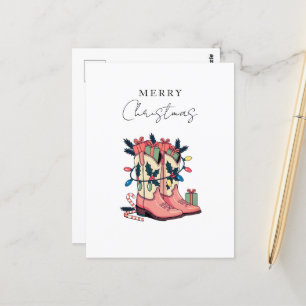 Modern Pink Cowgirl Western Boots Christmas Postcard