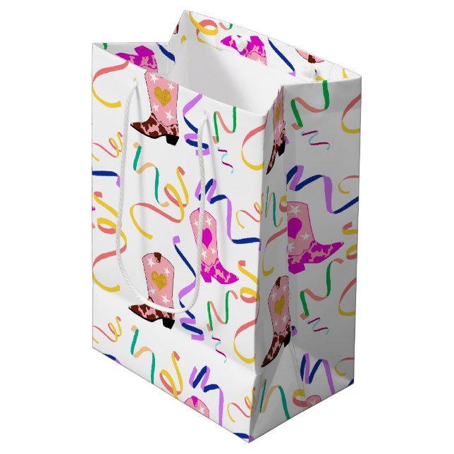 Modern Pink Cowgirl Western Boots Confetti White Medium Gift Bag (Front Angled)