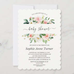 Modern Pink Cream Floral Calligraphy Baby Shower Invitation