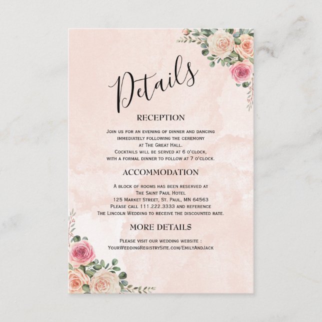 Modern Pink Cream Floral Wedding Enclosure Cards (Front)