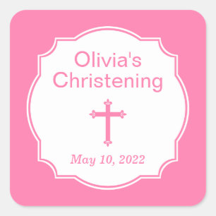 Modern Pink Cross Christening Baptism Square Sticker