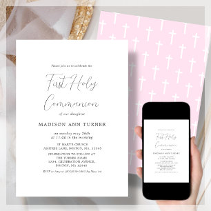 Modern Pink Cross First Communion Invitation