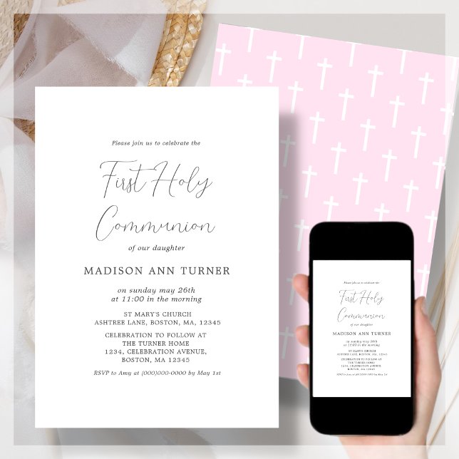 Modern Pink Cross | First Communion Invitation (Creator Uploaded)