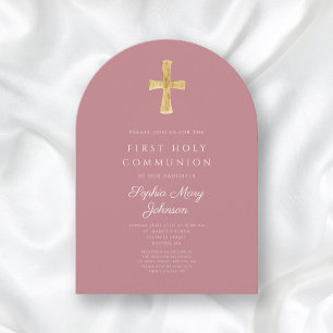 Modern Pink Cross Girl First Communion Arch Invitation