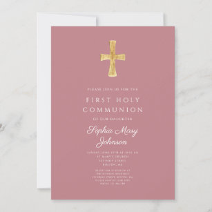 Modern Pink Cross Girl First Communion Invitation