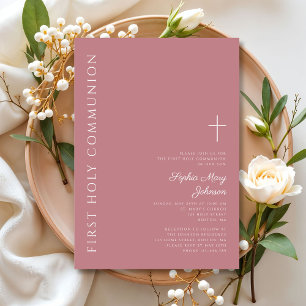 Modern Pink Cross Girl First Communion Invitation