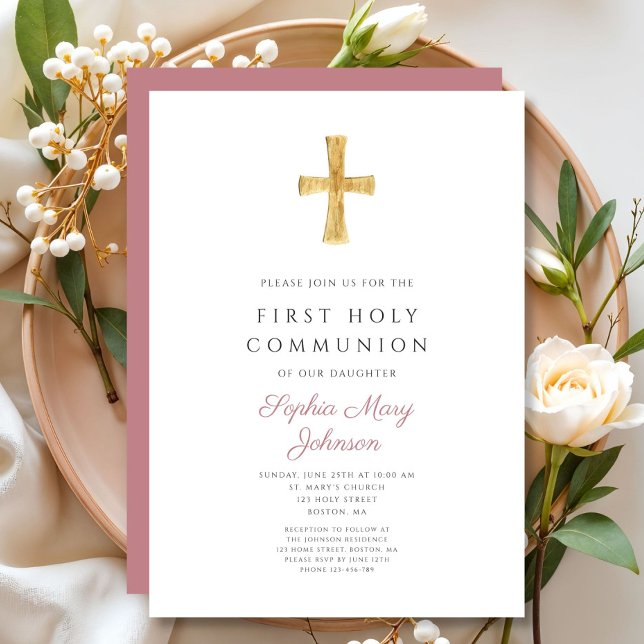 Modern Pink Cross  Girl Holy Communion Invitation (Modern Pink Cross Girl First Communion Invitation)
