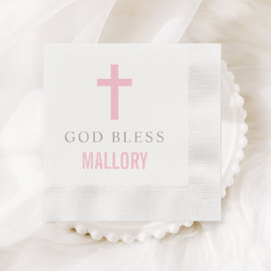 Modern Pink Cross God Bless Baby Girl Baptism Napkin