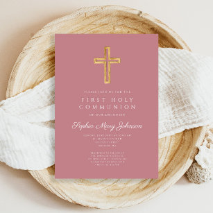 Modern Pink Cross Religious Girl First Communion Invitation