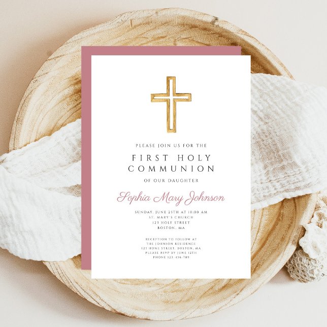 Modern Pink Cross Religious Girl First Communion Invitation (Modern Pink Cross Religious Girl First Communion Invitation)