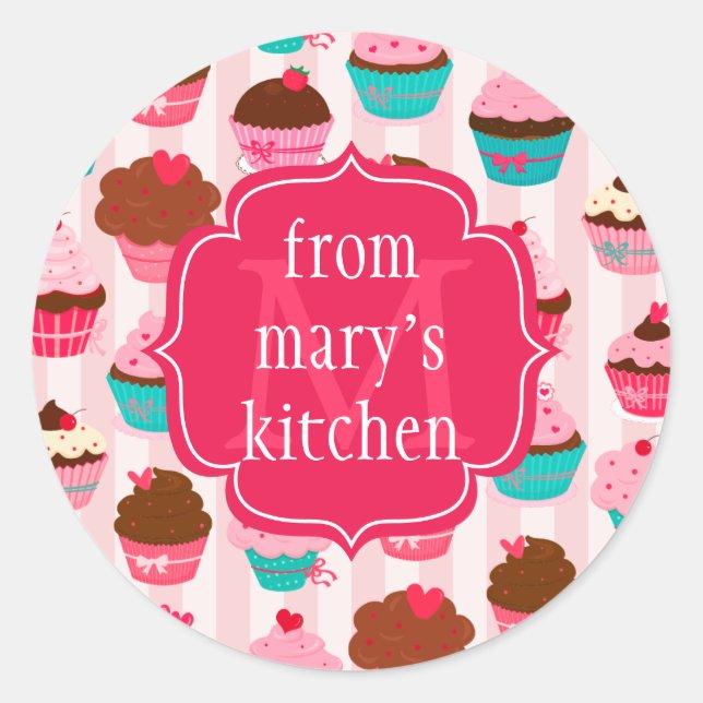Modern Pink Cupcakes Monogrammed Food Label (Front)