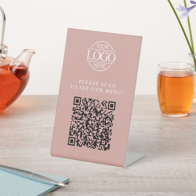 Modern Pink Custom Business Logo QR Code Menu  Pedestal Sign (In SItu)