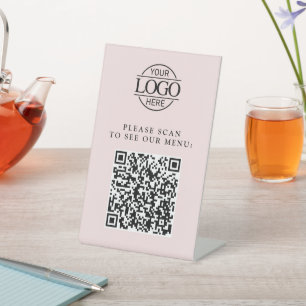 Modern Pink Custom Business Logo QR Code Menu  Pedestal Sign