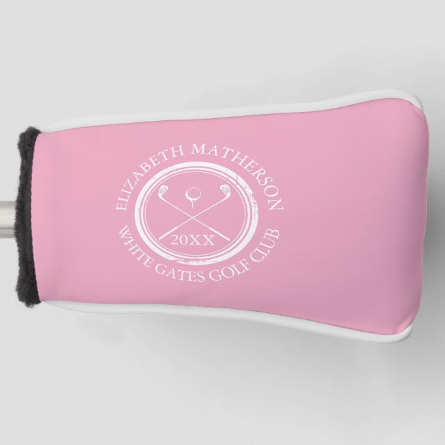 Modern Pink Custom Golfers And Club Date Golf Head Cover (Front)