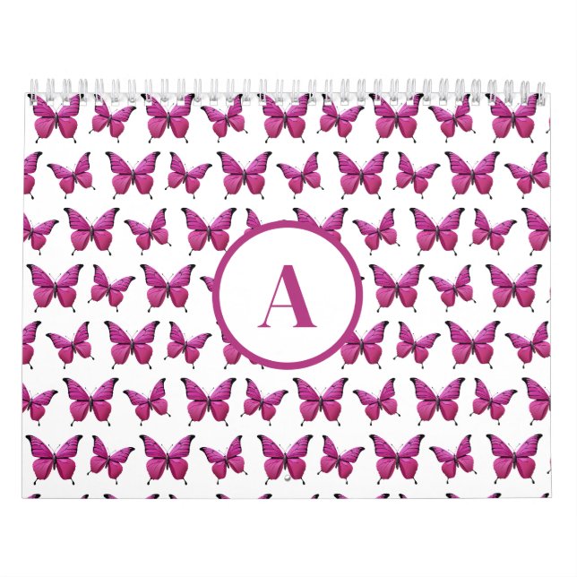 Modern Pink Cute Butterfly Pattern Monogram Calendar (Cover)