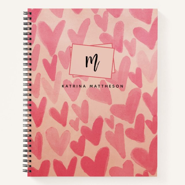 Modern Pink Doodle Hearts Monogrammed  Notebook (Front)