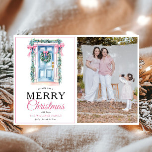 Modern Pink Door Merry Christmas  Photo Holiday Card