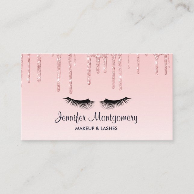 Modern Pink Dripping Glitter & Eyelashes Business Card (Front)