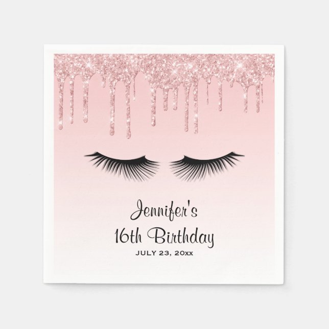 Modern Pink Dripping Glitter & Eyelashes Napkin (Front)