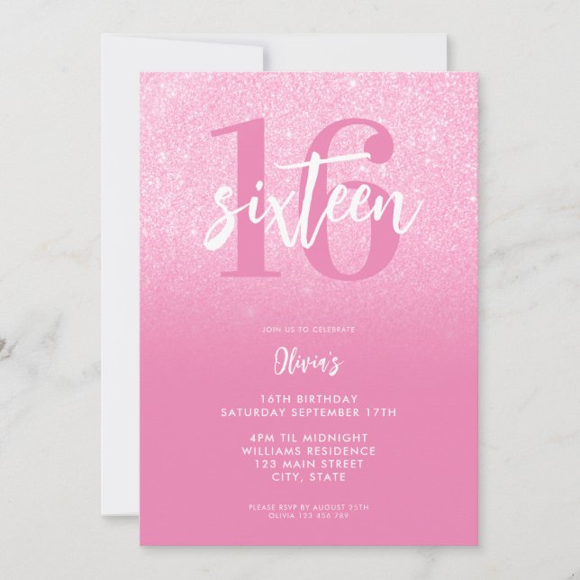 Modern Pink Elegant 16th Birthday Invitation (Front)