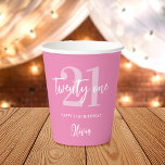 Modern Pink Elegant 21st Birthday Paper Cups<br><div class="desc">A simple modern personalised name 21st birthday paper cups featuring elegant calligraphy script typography and minimalist design in pink and white colour.</div>