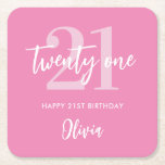 Modern Pink Elegant 21st Birthday Square Paper Coaster<br><div class="desc">A simple modern 21st birthday party coasters featuring elegant calligraphy script typography and minimalist design in pink and white colour.</div>