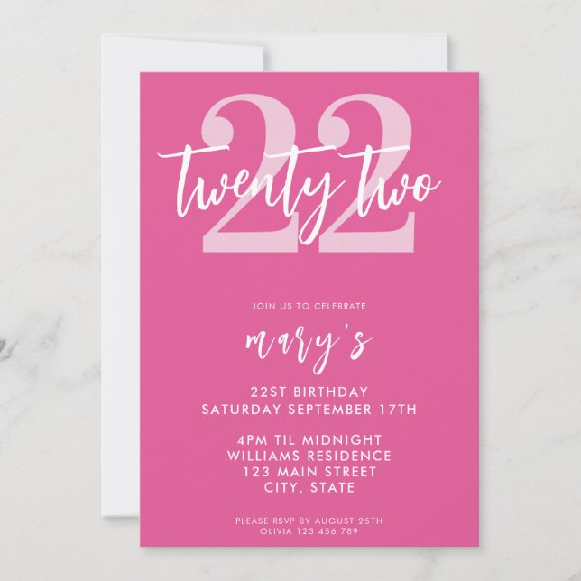 Modern pink elegant 22nd birthday invitation (Front)