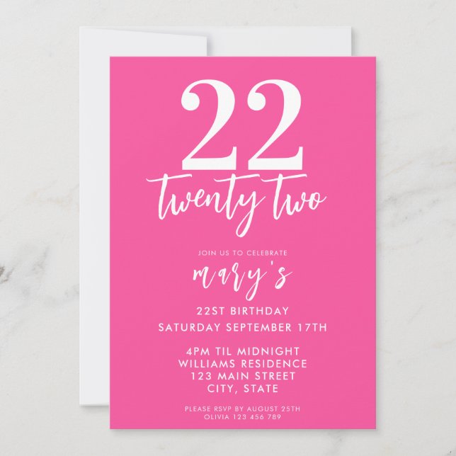 Modern pink elegant 22nd birthday invitation (Front)