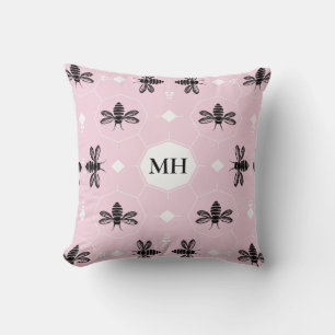 Modern Pink Elegant Black Bee Pattern Monogram Cushion