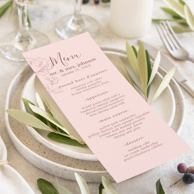 Modern Pink Elegant Floral Menu (Blush pink with a modern floral outline makes a beautiful elegant design for your reception menu.)