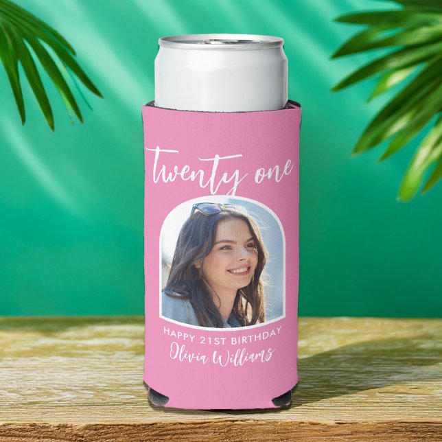 Modern Pink Elegant Photo 21st Birthday Seltzer Can Cooler (Creator Uploaded)