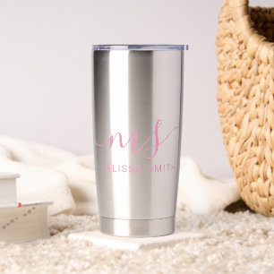Modern Pink Elegant Script Initial Monogram Insulated Tumbler
