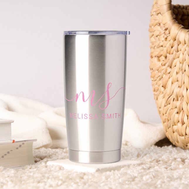 Modern Pink Elegant Script Initial Monogram Insulated Tumbler (Living Room)