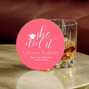 Modern Pink Elegant Typography Graduation Party Round Paper Coaster