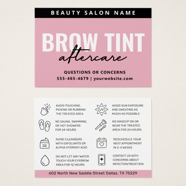 Modern Pink Eyebrow Tint Aftercare Card (Front & Back)