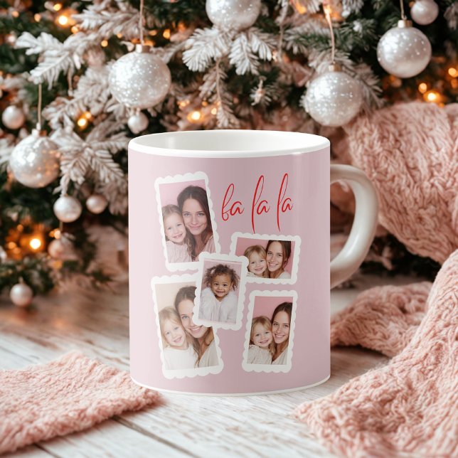 Modern Pink “Fa La La” Multi Photo Christmas  Coffee Mug (Creator Uploaded)