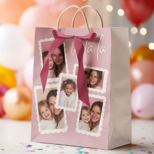 Modern Pink “Fa La La” Multi Photo Christmas Gift  Medium Gift Bag