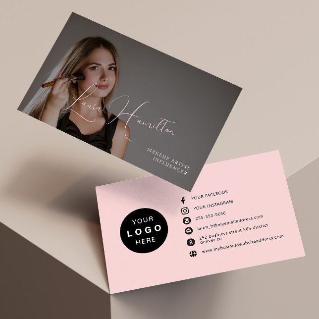 Modern pink feminine custom photo logo beauty business card (Creator Uploaded)