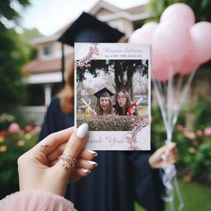 Modern Pink Feminine Graduate Silhouette Border Thank You Card
