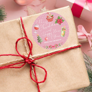 Modern Pink Festive Merry Christmas and New Year Classic Round Sticker