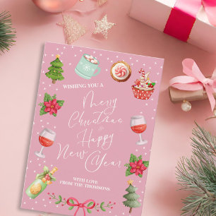 Modern Pink Festive Merry Christmas and New Year Holiday Card