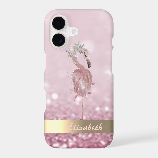 Modern Pink Flamingo Flower Glitter Bokeh  (Back)
