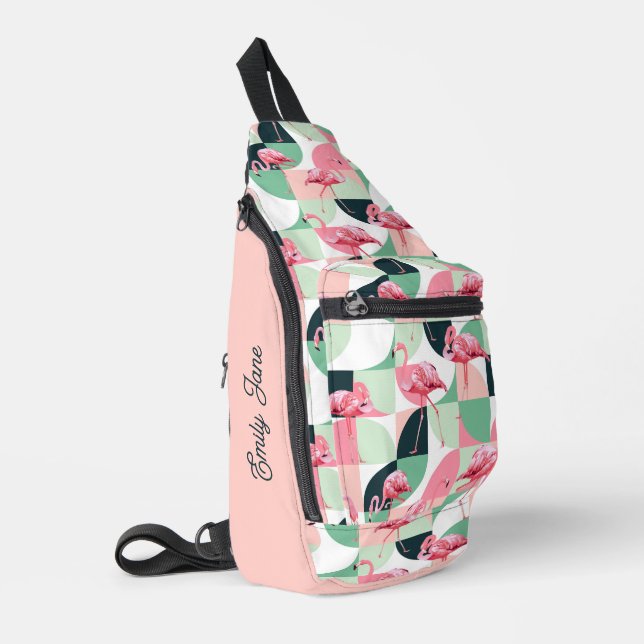 Modern Pink Flamingo Geometric Girly Chic Pattern Sling Bag (Left Corner)